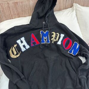 Champion Black Hoodie with Colorful Lettering